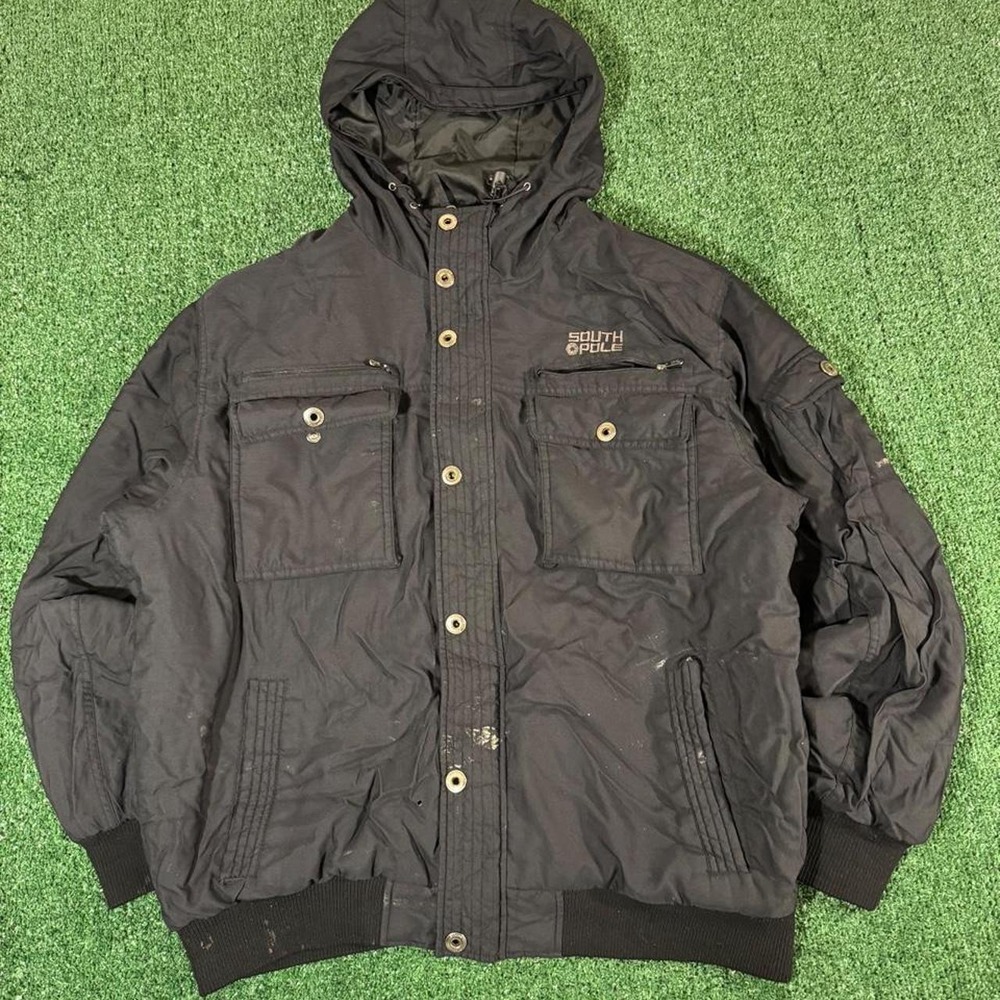 Southpole Y2K Utility Cargo Hooded Jacket Mens XXL Black Streetwear Coat